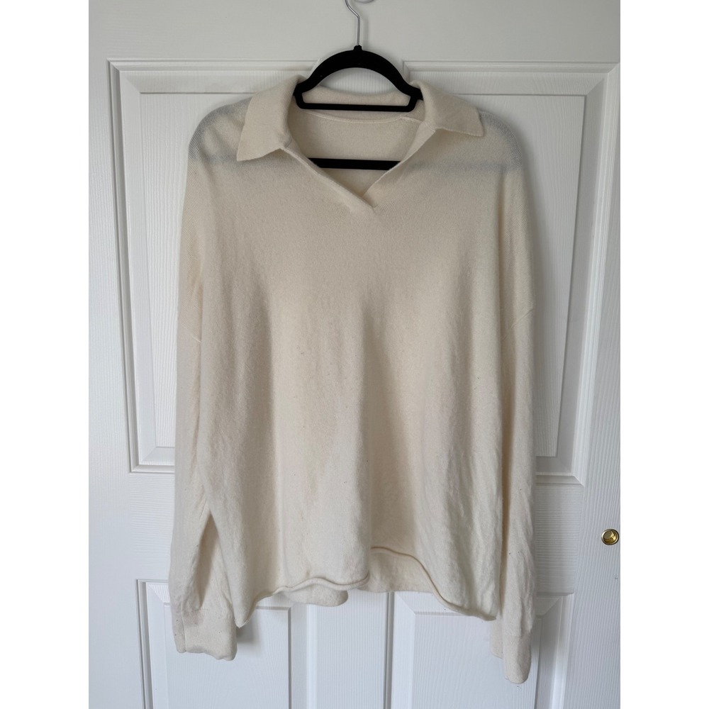 Novelaire Ivory Cashmere Blend Polo V-Neck Sweater Size 40 Cream Oversized